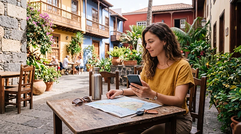 Traveller using a Tenerife eSIM for mobile data during a holiday in the Canary Islands