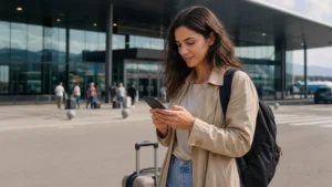 Traveller using a smartphone during how to activate an esim in bosnia and herzegovina after landing in Bosnia and Herzegovina.