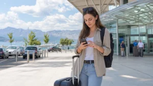 Traveller activating mobile data outside Split Airport arrivals.