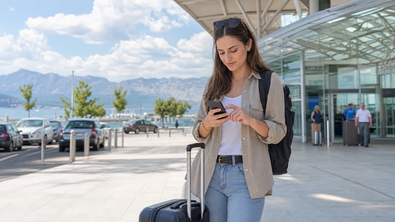 Traveller activating mobile data outside Split Airport arrivals.