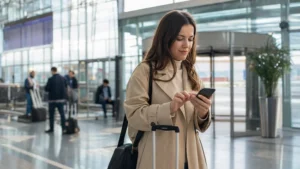 Passenger turning on a travel eSIM on a smartphone after arriving at Bratislava Airport.