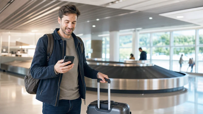 Traveller activating mobile data after arriving at Ljubljana Airport.