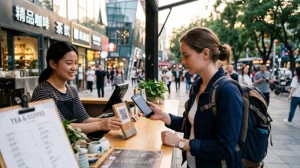 International traveler using mobile payments while visiting China