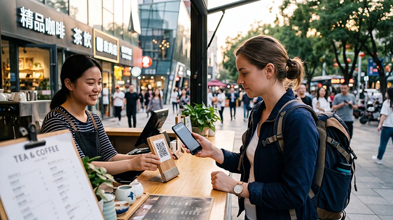 International traveler using mobile payments while visiting China