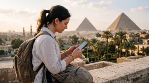 Tourist checking APN settings for an Egypt eSIM