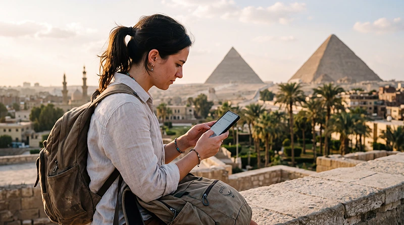 Tourist checking APN settings for an Egypt eSIM