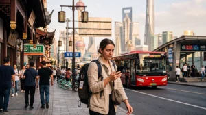 Traveler comparing navigation options while visiting China