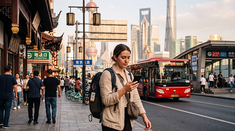 Traveler comparing navigation options while visiting China