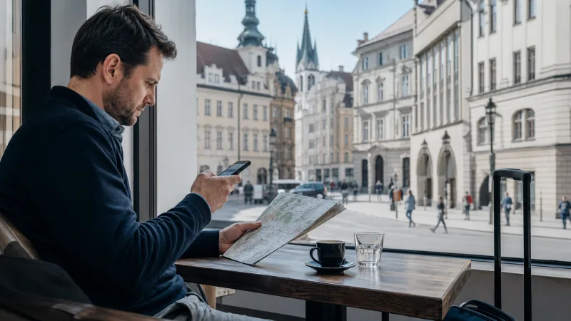 Traveller using an eSIM during a Vienna to Prague rail journey