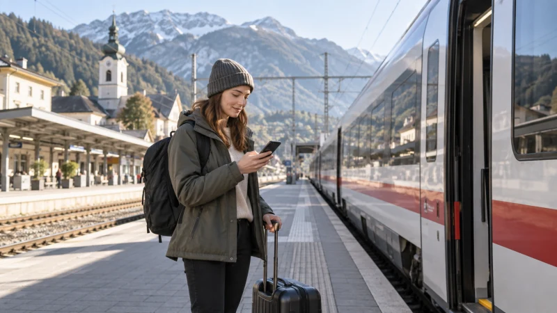Traveller using a smartphone beside a train in the Austrian Alps