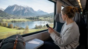 Traveller using an eSIM on an Alpine train between Austria and Germany