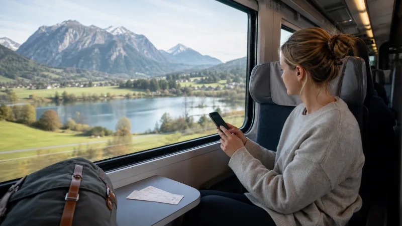 Traveller using an eSIM on an Alpine train between Austria and Germany