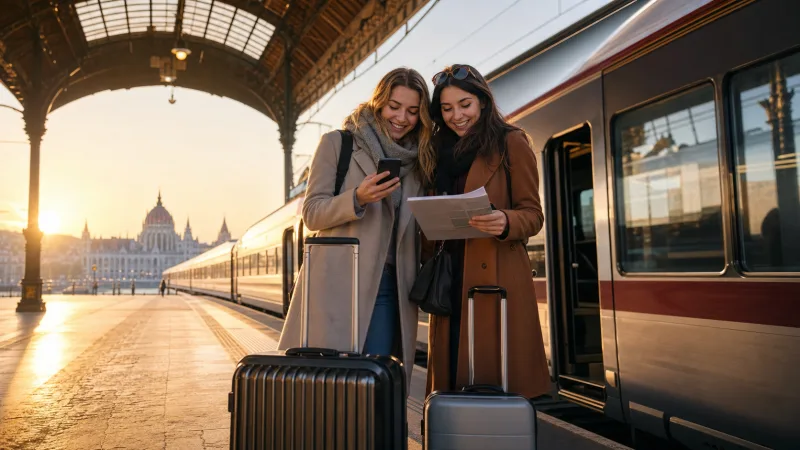 Friends using an eSIM before a Vienna to Budapest train journey