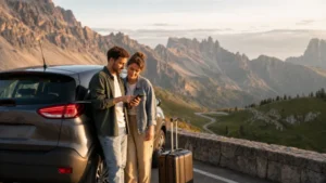 Travellers using an eSIM on an Alpine road trip between Austria and Italy