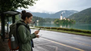 Backpacker using an eSIM near Lake Bled after travelling from Austria