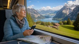 Traveller using an eSIM on an Alpine train between Austria and Switzerland