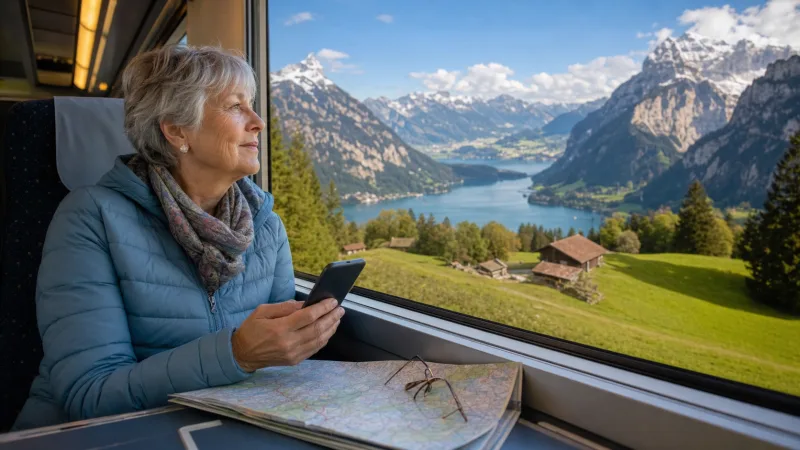 Traveller using an eSIM on an Alpine train between Austria and Switzerland