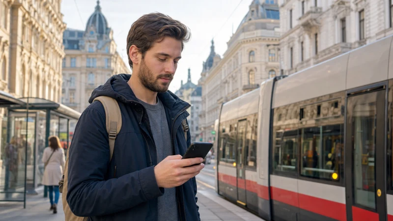 Traveller checking an Android phone beside a tram in Vienna, Austria