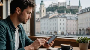 Traveller checking eSIM APN settings in a Salzburg café