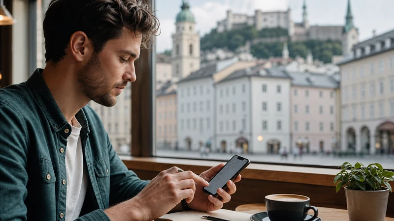 Traveller checking eSIM APN settings in a Salzburg café