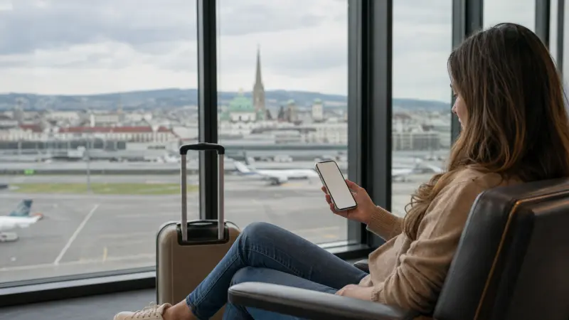 Traveller checking an iPhone before a trip to Vienna, Austria