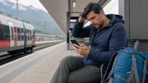 Traveller troubleshooting an eSIM connection at an Austrian railway station