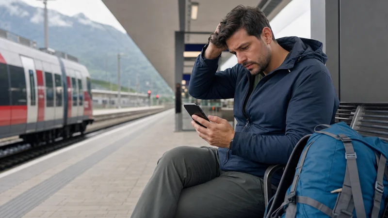 Traveller troubleshooting an eSIM connection at an Austrian railway station