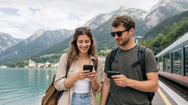 Travellers comparing a smartphone and pocket WiFi beside an Austrian alpine lake