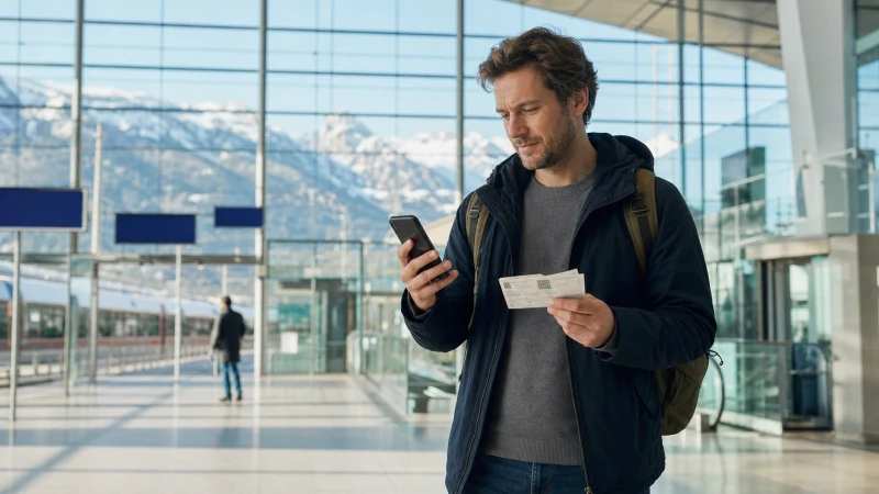 Traveller checking roaming information at an Austrian railway station