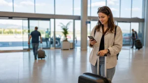 Traveller using a smartphone during mobile internet in banja luka airport in Bosnia and Herzegovina.