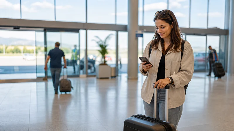 Traveller using a smartphone during mobile internet in banja luka airport in Bosnia and Herzegovina.