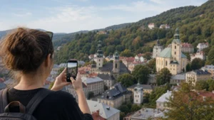 Visitor using a smartphone above the historic rooftops of Banská Štiavnica.