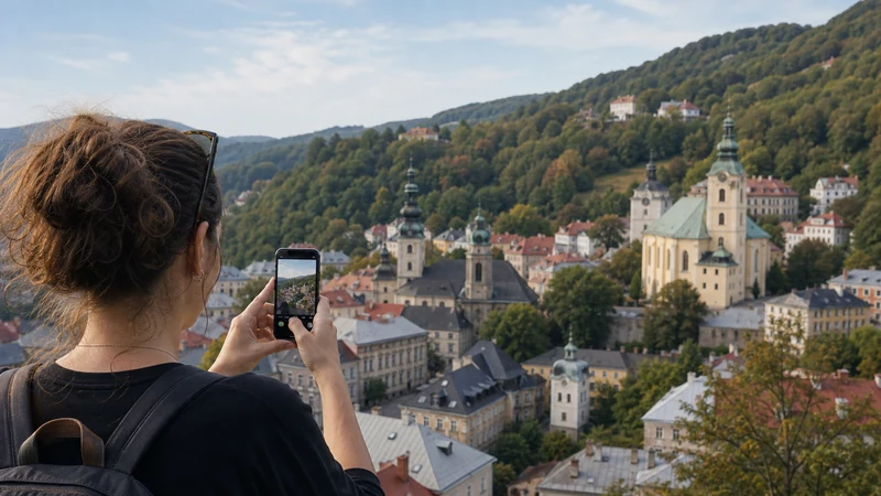 Visitor using a smartphone above the historic rooftops of Banská Štiavnica.