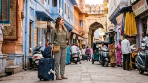 Traveler using useful travel apps while exploring India