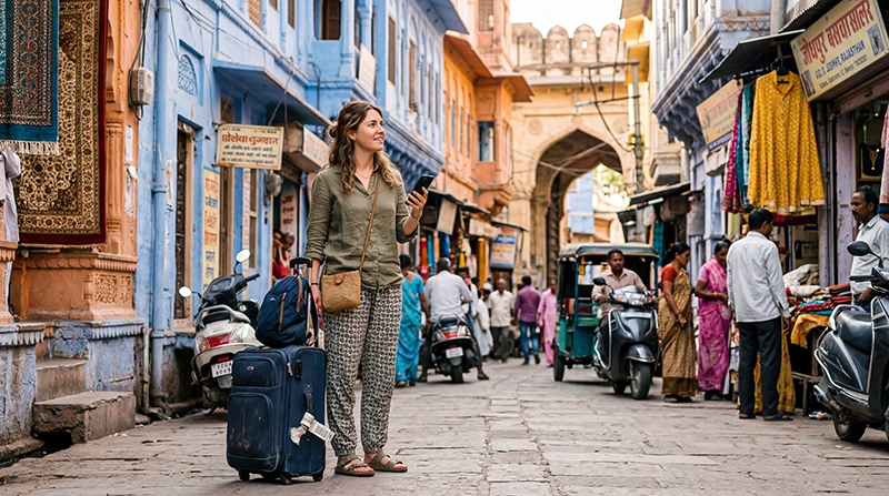 Traveler using useful travel apps while exploring India