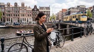 Traveller using helpful mobile apps during a trip through the Netherlands