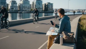 Traveller comparing mobile data plan options beside a waterfront cycle path in New Zealand