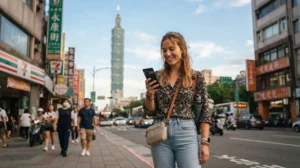 Tourist choosing the best Taiwan data plan while travelling with smartphone
