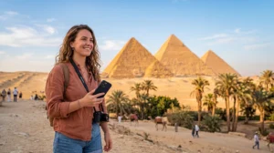 Traveler using an eSIM while visiting the Pyramids of Giza in Egypt