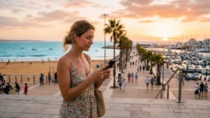 Tourist using an eSIM for mobile internet in Agadir Morocco