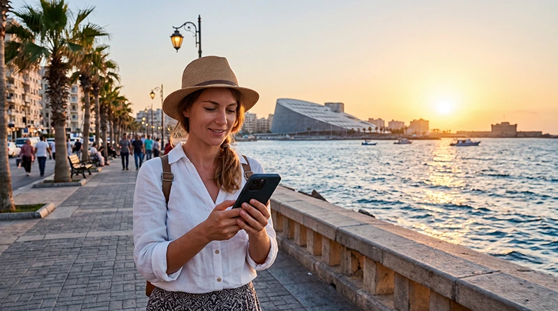 Tourist using an eSIM for mobile internet while visiting Alexandria Egypt