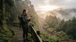 Tourist using smartphone with Taiwan eSIM while visiting Alishan mountain area