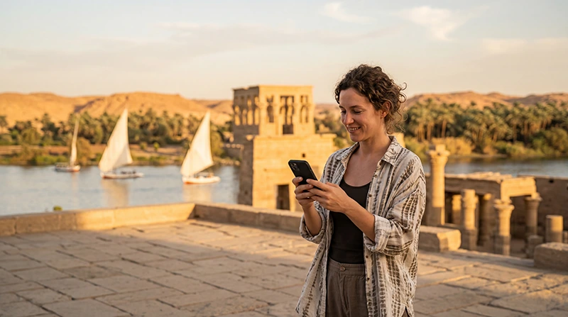 Tourist using an eSIM for mobile internet while visiting Aswan Egypt