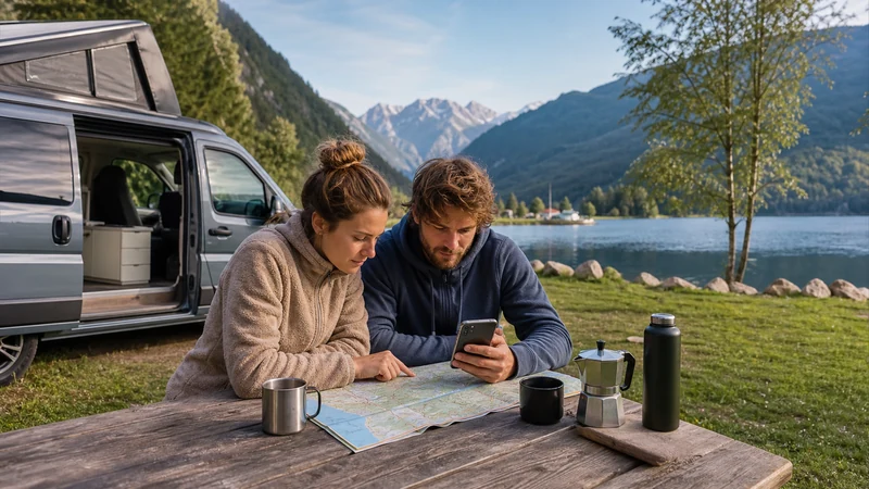 Traveller comparing an eSIM plan during an Austria road trip