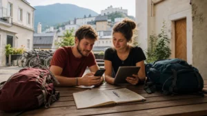 Backpacker comparing an eSIM plan at an Austrian railway station
