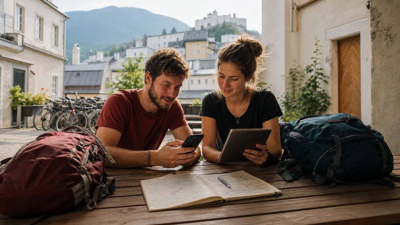 Backpacker comparing an eSIM plan at an Austrian railway station
