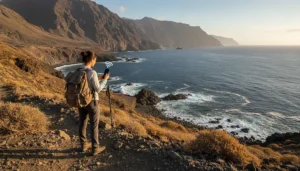 Backpacker using smartphone with eSIM mobile data while travelling across the Canary Islands