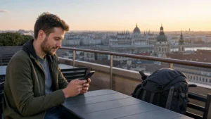 Backpacker comparing eSIM plans on a smartphone in Hungary