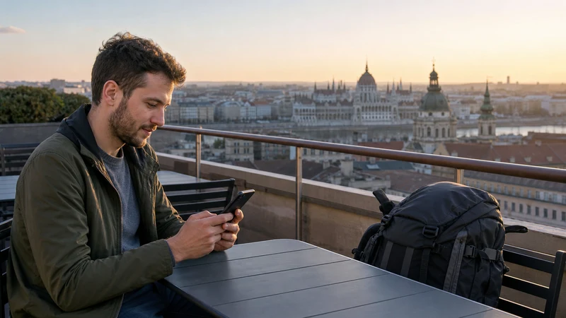 Backpacker comparing eSIM plans on a smartphone in Hungary