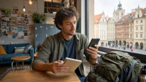 Backpacker comparing eSIM plans in a Polish hostel common area.